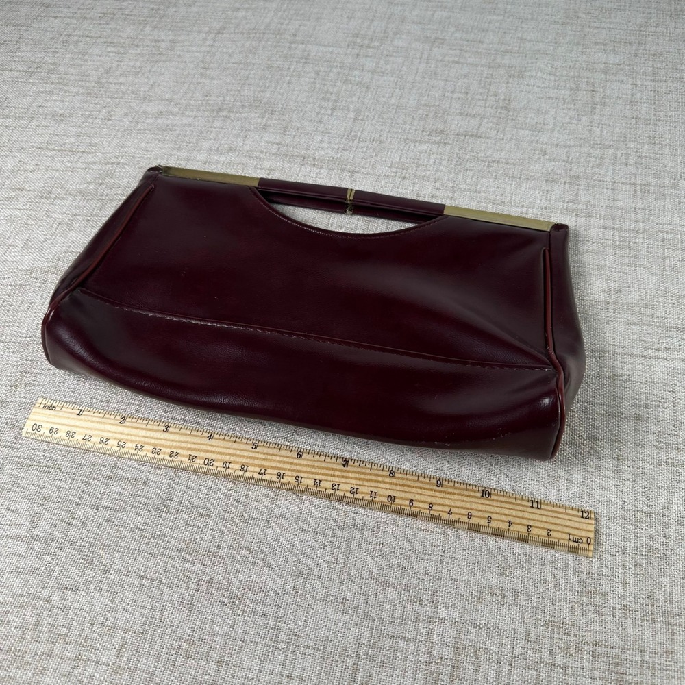 Vintage 1970s Oxblood Burgundy Frame Handbag Clutch Gold Tone Handle - Picture 9 of 11